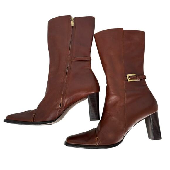 Anne Klein Mid Calf Leather Boots High Heel Brown Modern Classic Size 8M Luxury - Picture 5 of 15